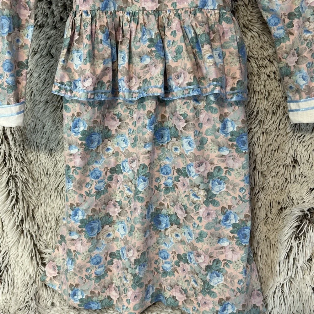 Vtg Debut Prairie Dress Girls Size 7 Ruffled Floral Cottagecore USA Long Sleeve